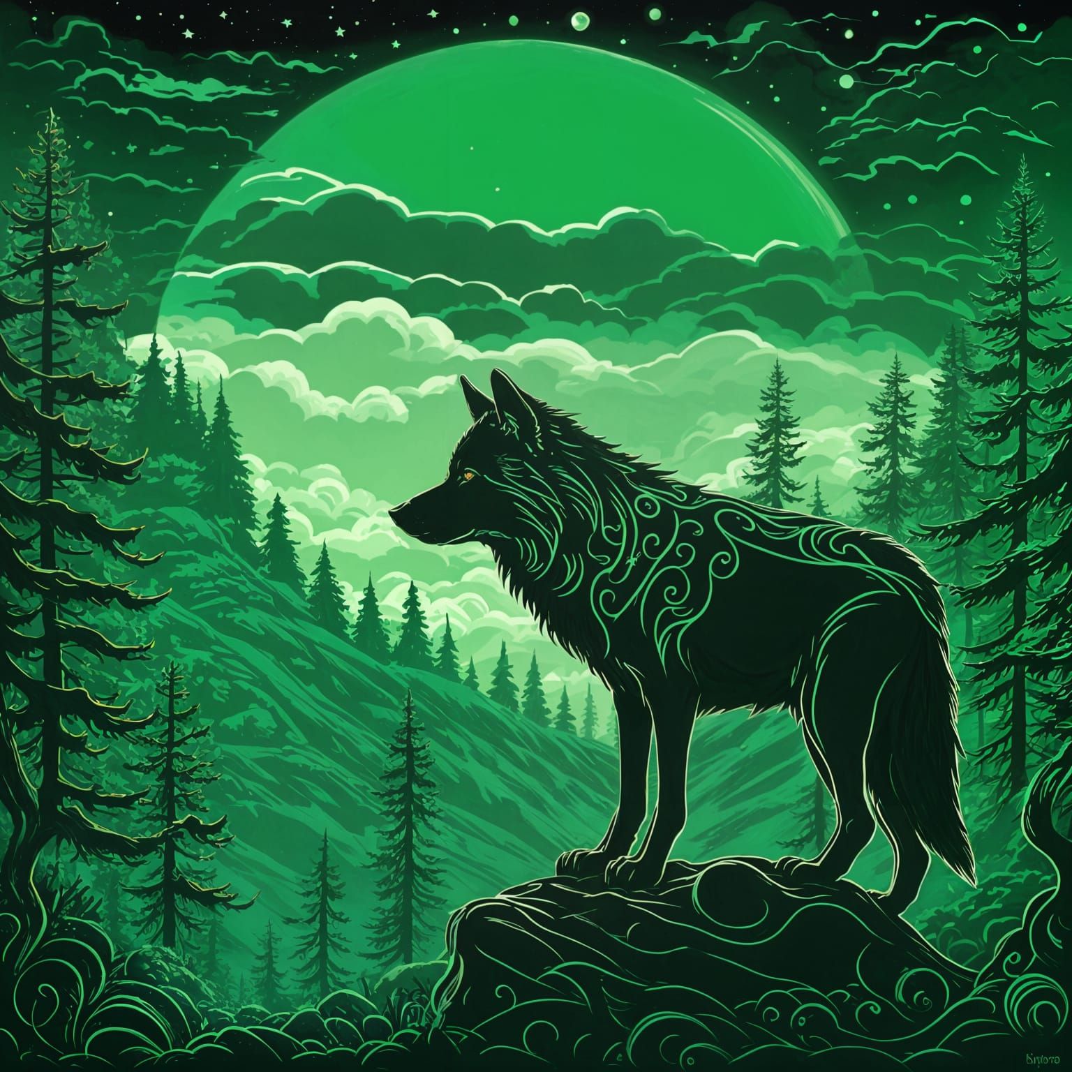 Wolf Watcher in Emerald Sky: AI Art