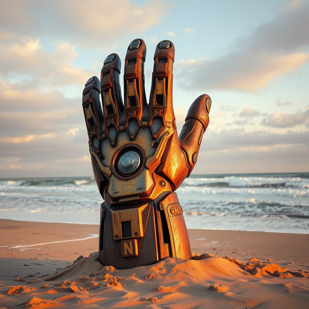 Colossal Ironman Hand Memorial Sculpture Rising from the Bea...