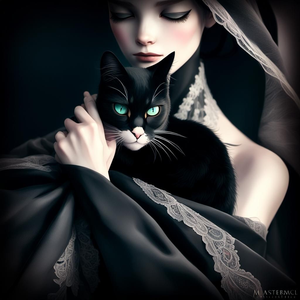 Girl Hugging Black Cat: Whimsical Fantasy Art