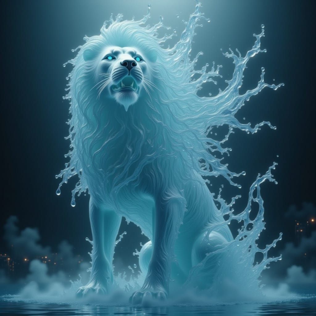 Majestic Lion Sculpture Made of Shimmering Water