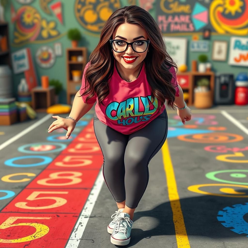 Curvy Woman Playing Hopscotch in Photorealistic Style