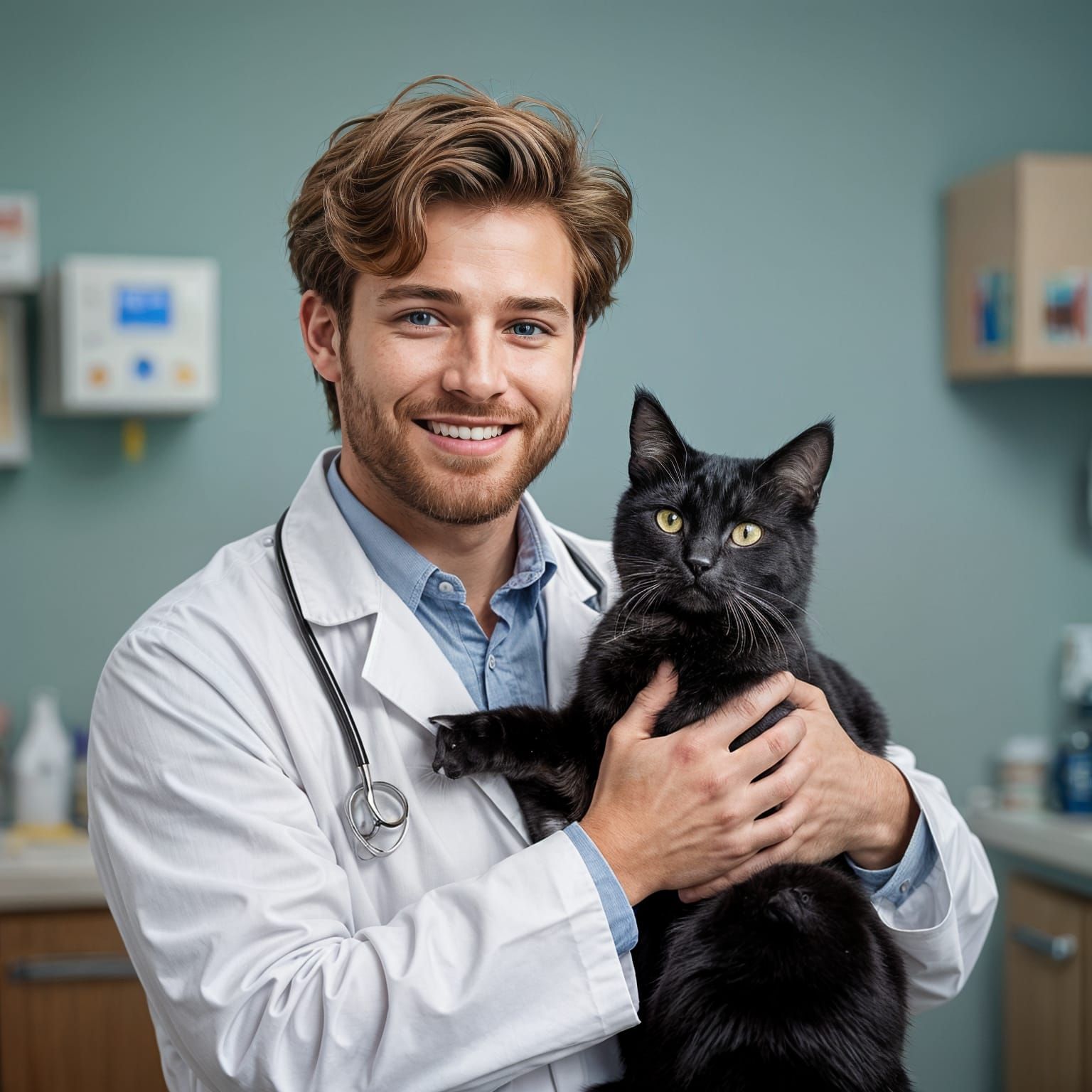 Veterinarian with Manx Cat in Whimsical Digital Art Style