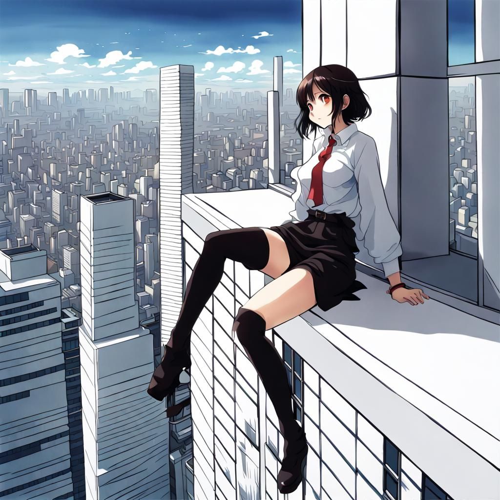 Anime Style Woman on Skyscraper Edge