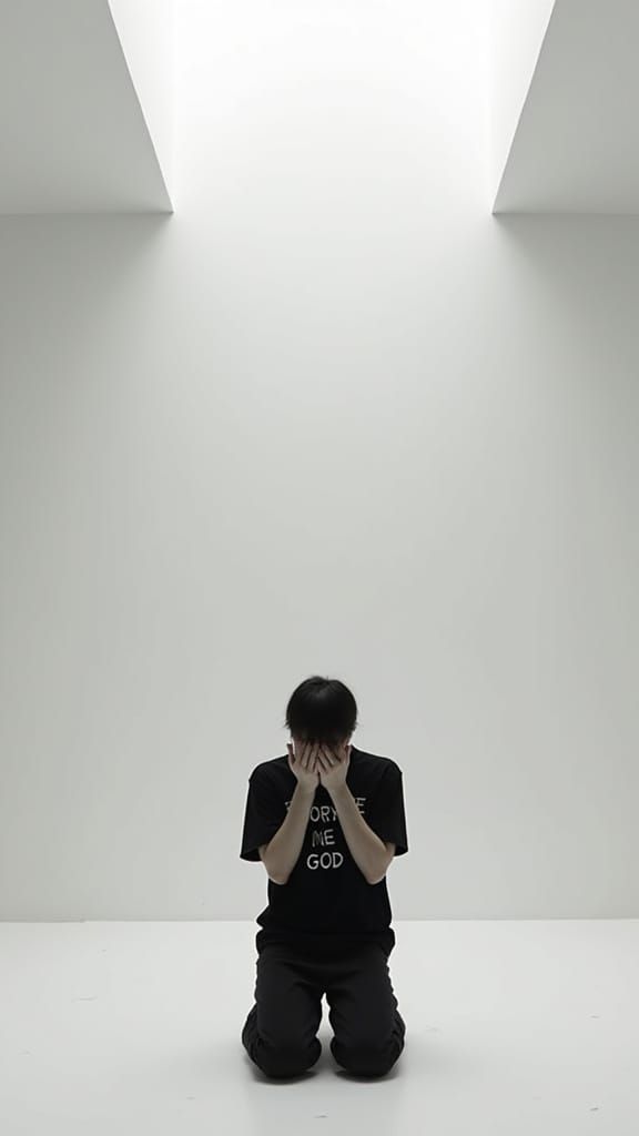 Figure Kneeling in Empty Room with Dramatic Lighting