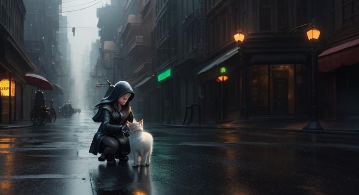 Girl Helps Kitten: 3D Render in Pixar Style