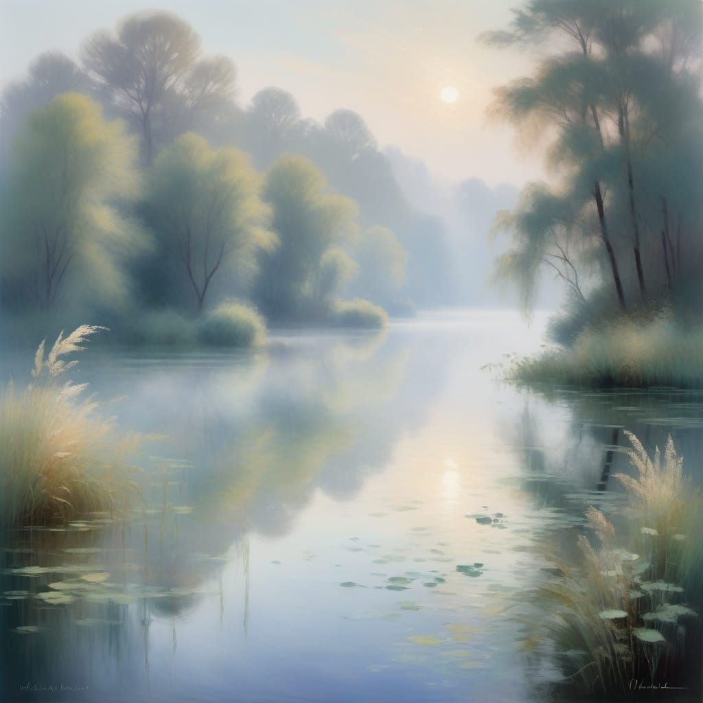 Misty Morning Lake Scene in Impressionist Style