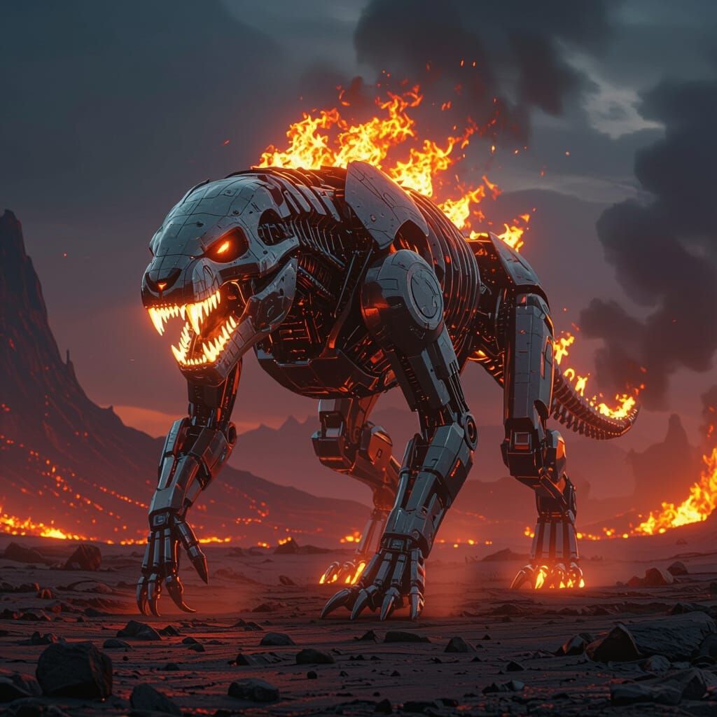 Flaming Robotic Smilodon in Volcanic Landscape