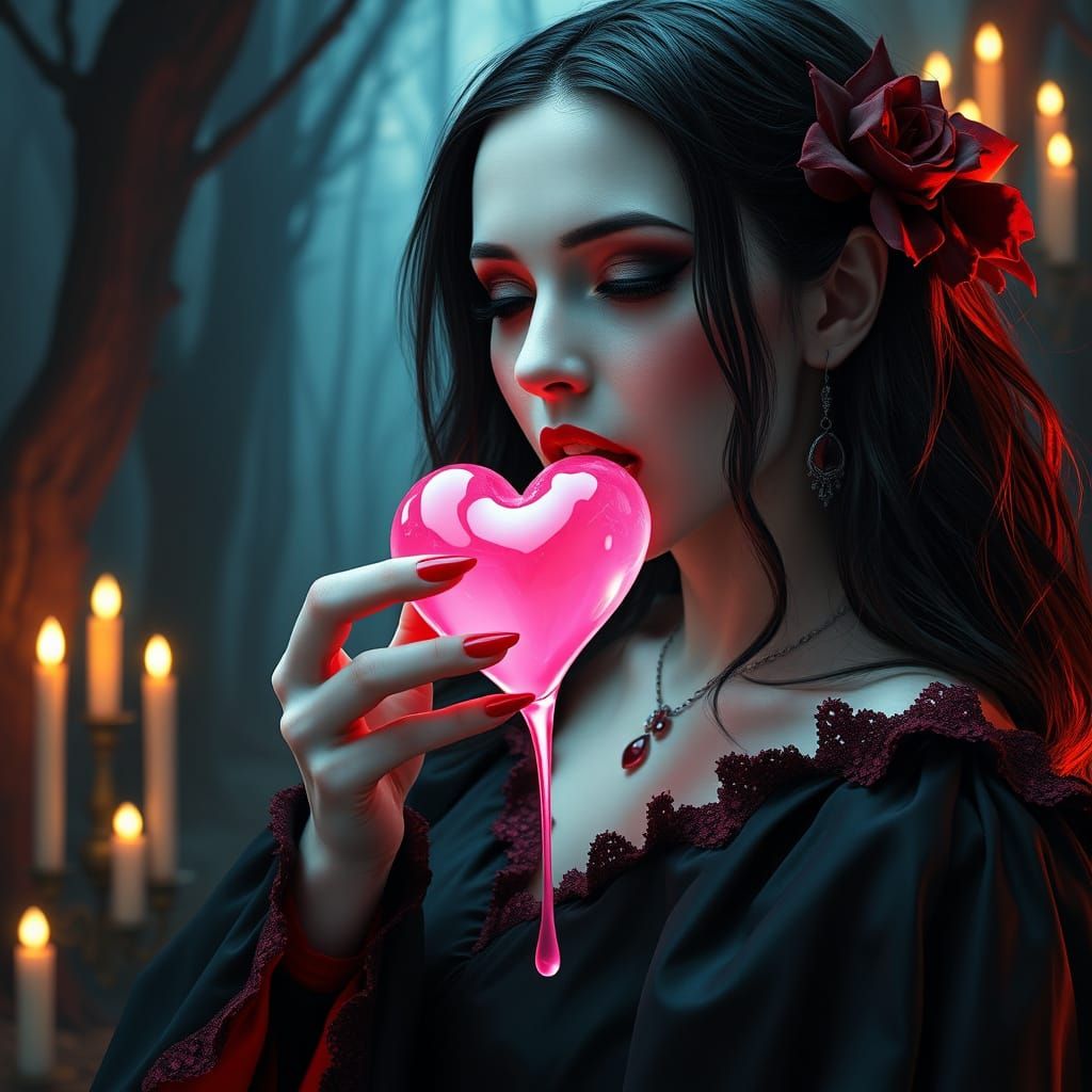 Ethereal Vampire Goddess Savoring Glowing Pink Jelly Heart