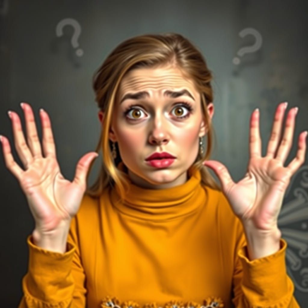 Whimsical Oil Painting of a Baffled Woman