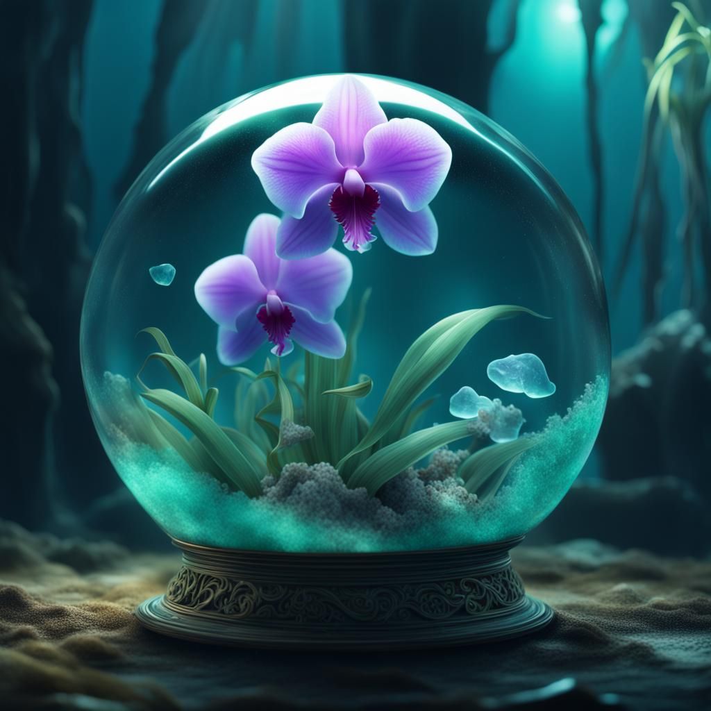 Glowing Underwater Orchid in Sea Glass Orb