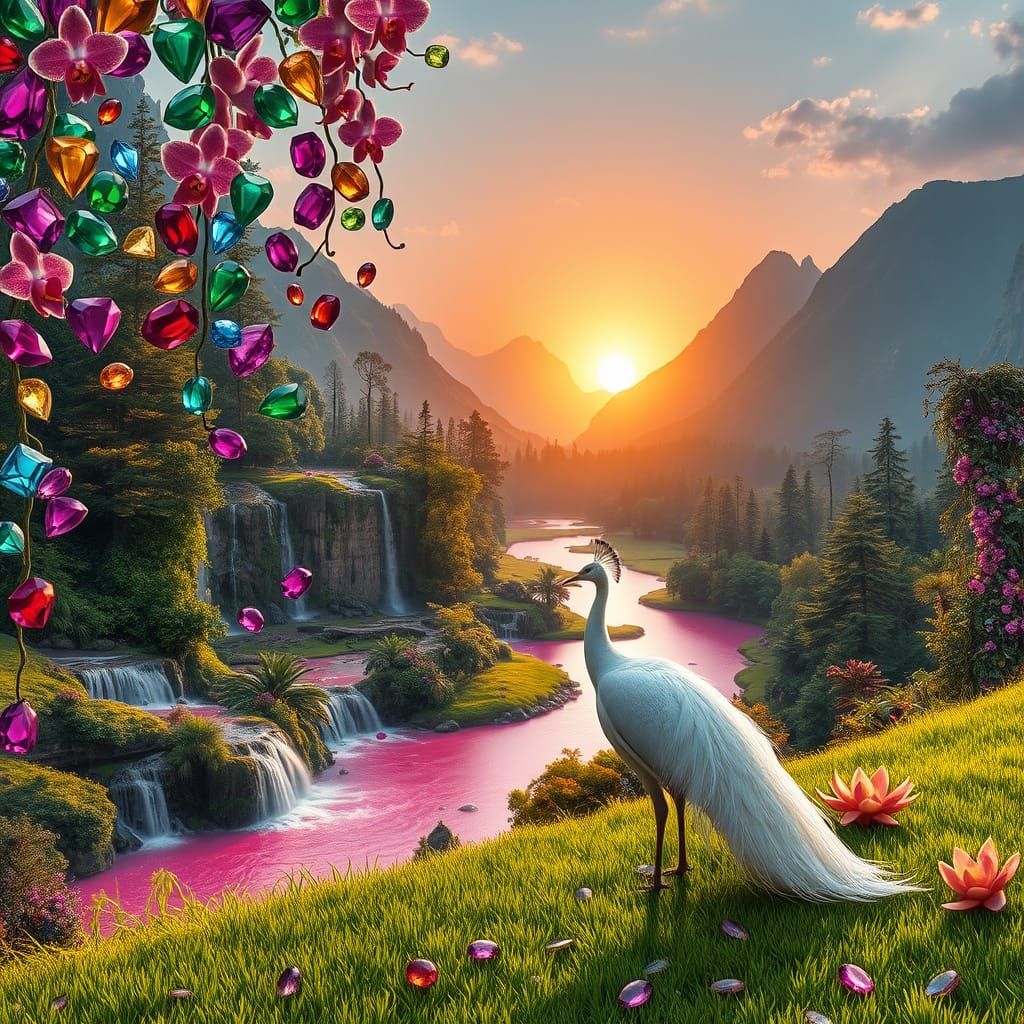 Jewels Fall Onto Lush Valley With Peacock