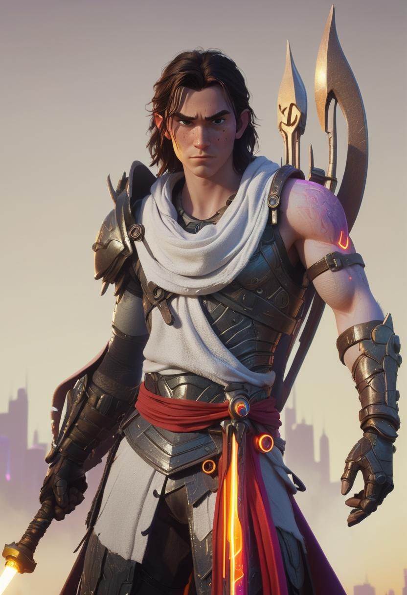 Mysterious Warrior in Fantasy Metropolis: 3D Digital Art