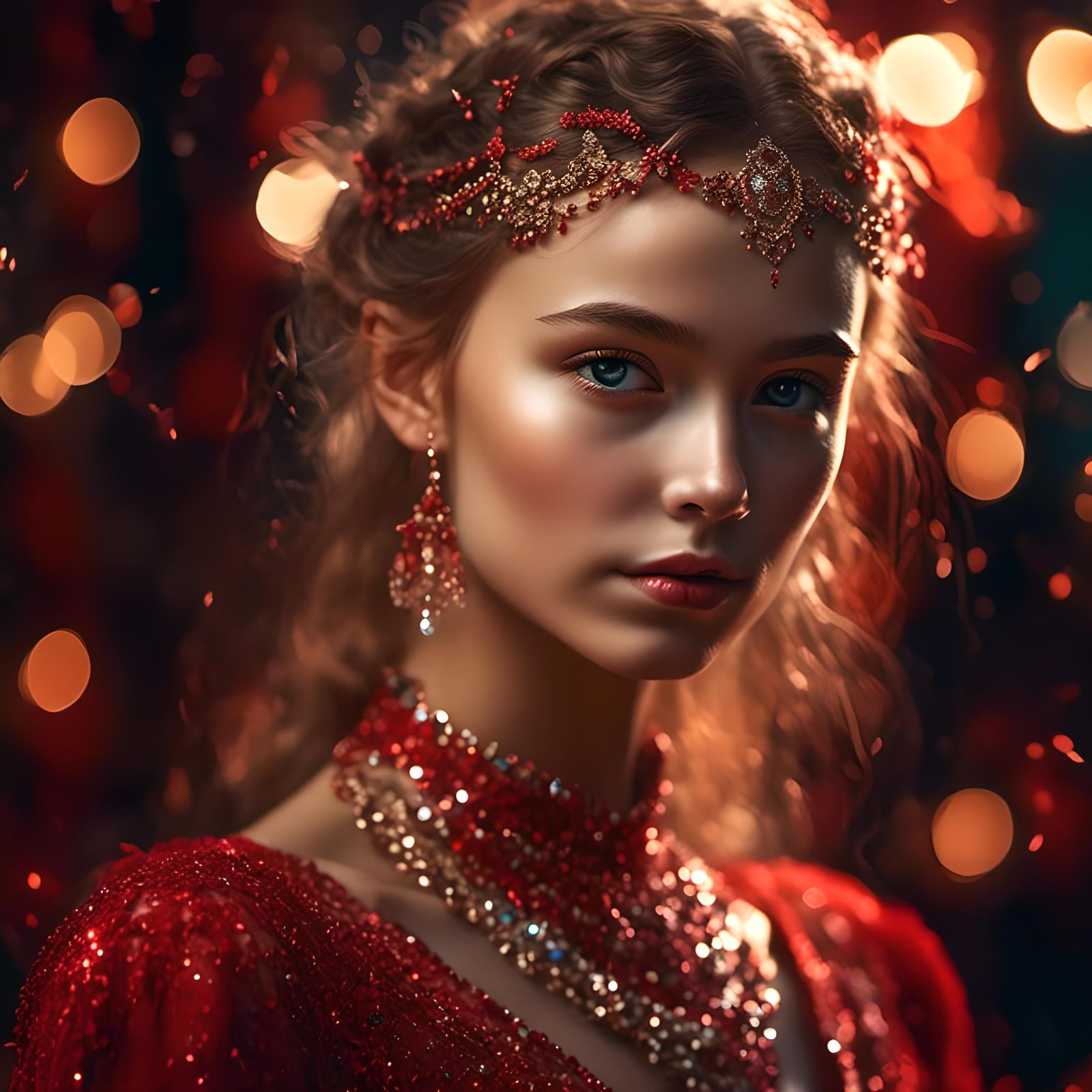 Youthful Dancer in Red Dress with Sparkling Jewelry