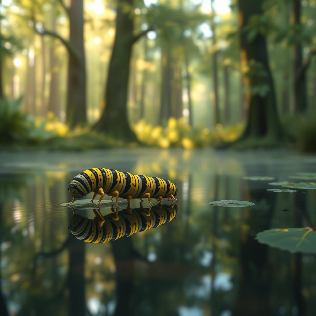 Vibrant Yellow Caterpillar Walks on Calm Water in Hyperreali...