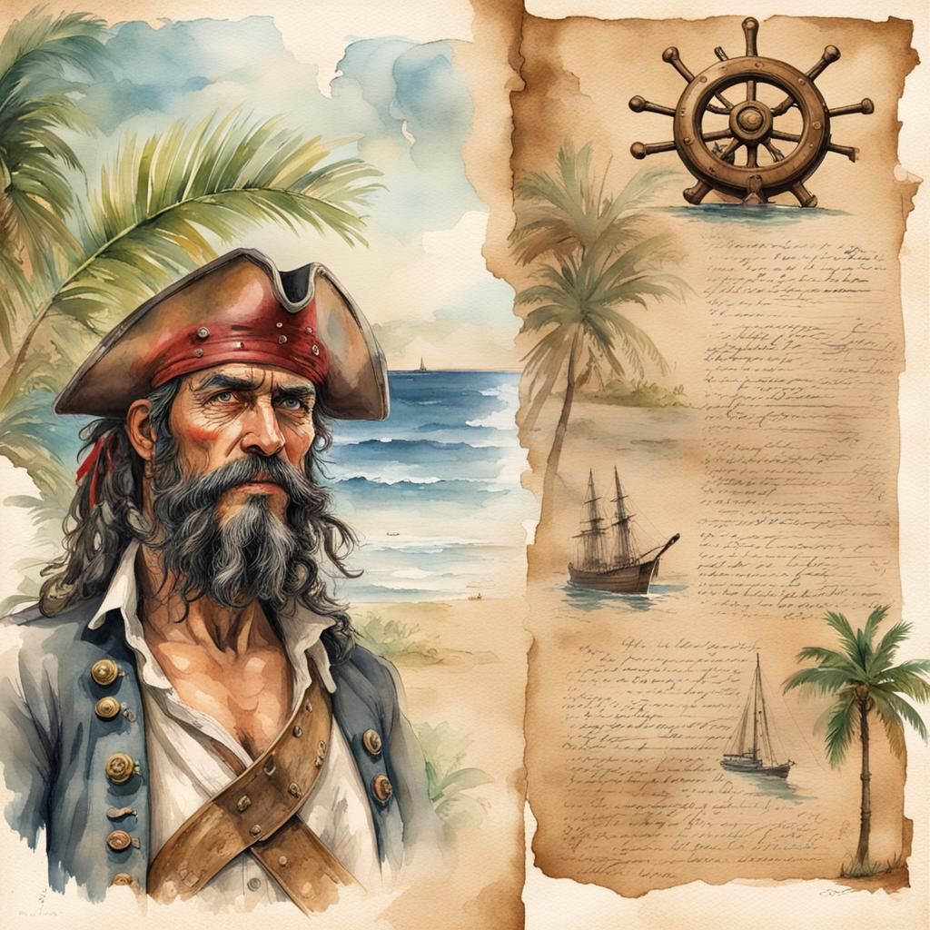 Caribbean Pirate Portrait as Vintage Watercolor Painting
