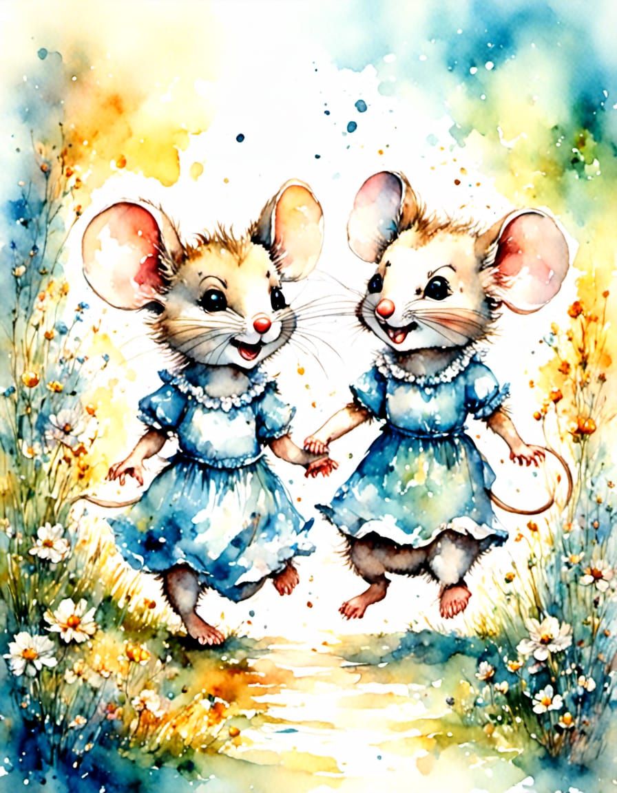 Two Whimsical cute little smiling mouse babies running Hand ...