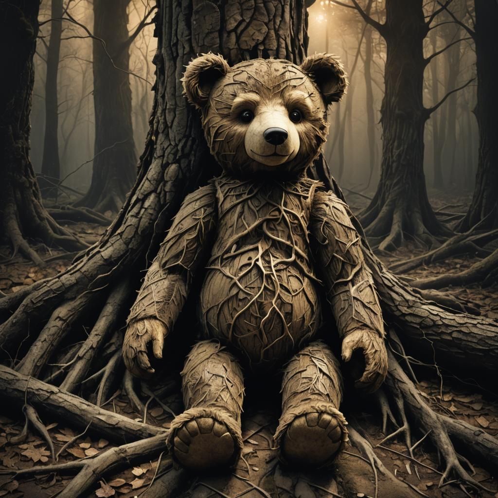 Eerie Teddy Bear in Dark Whimsy Illustration