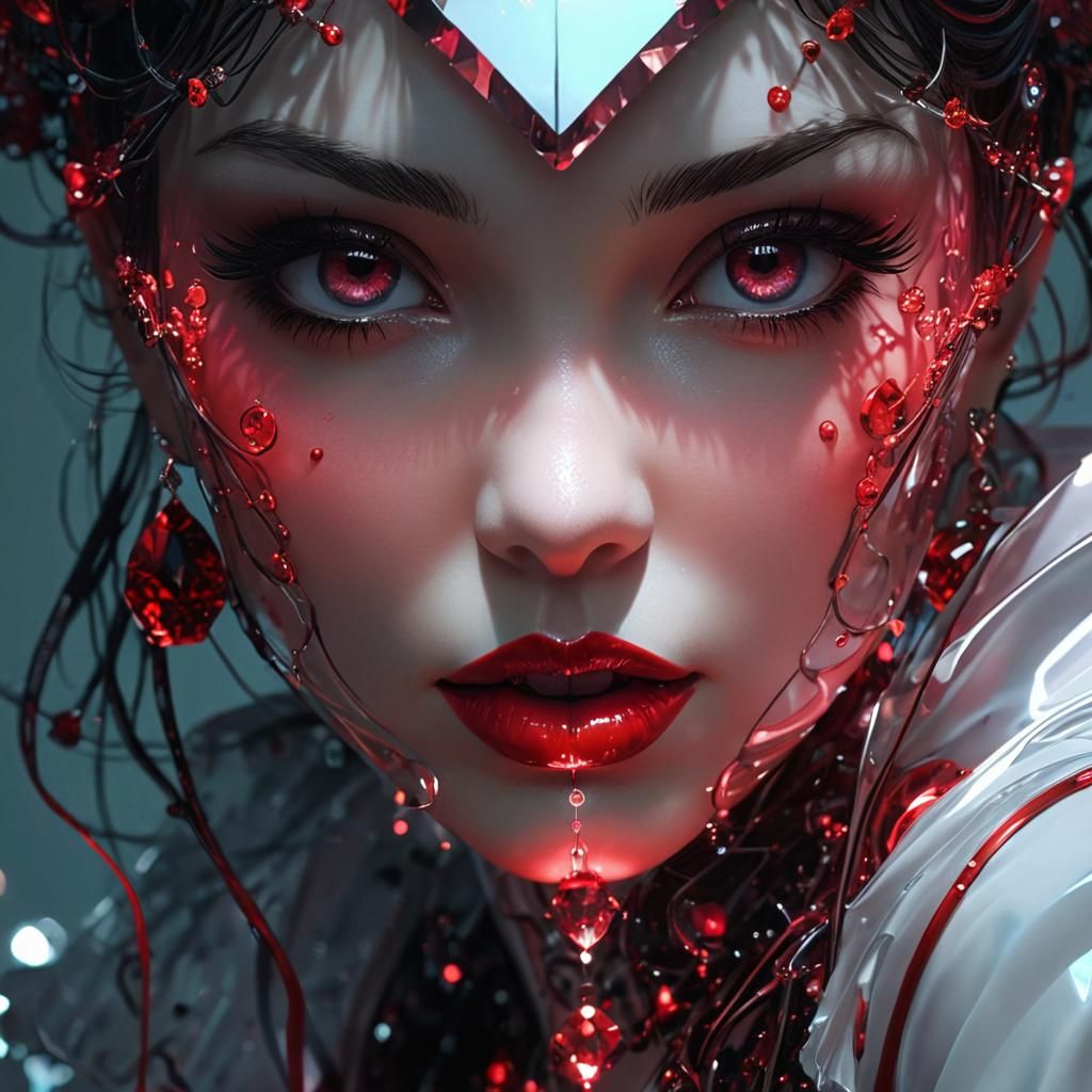 cute intricate Mysterious Woman Pin-up in bioluminescent ruby glow dark laboratory, multilayered_eyes, soft lighting, sh...