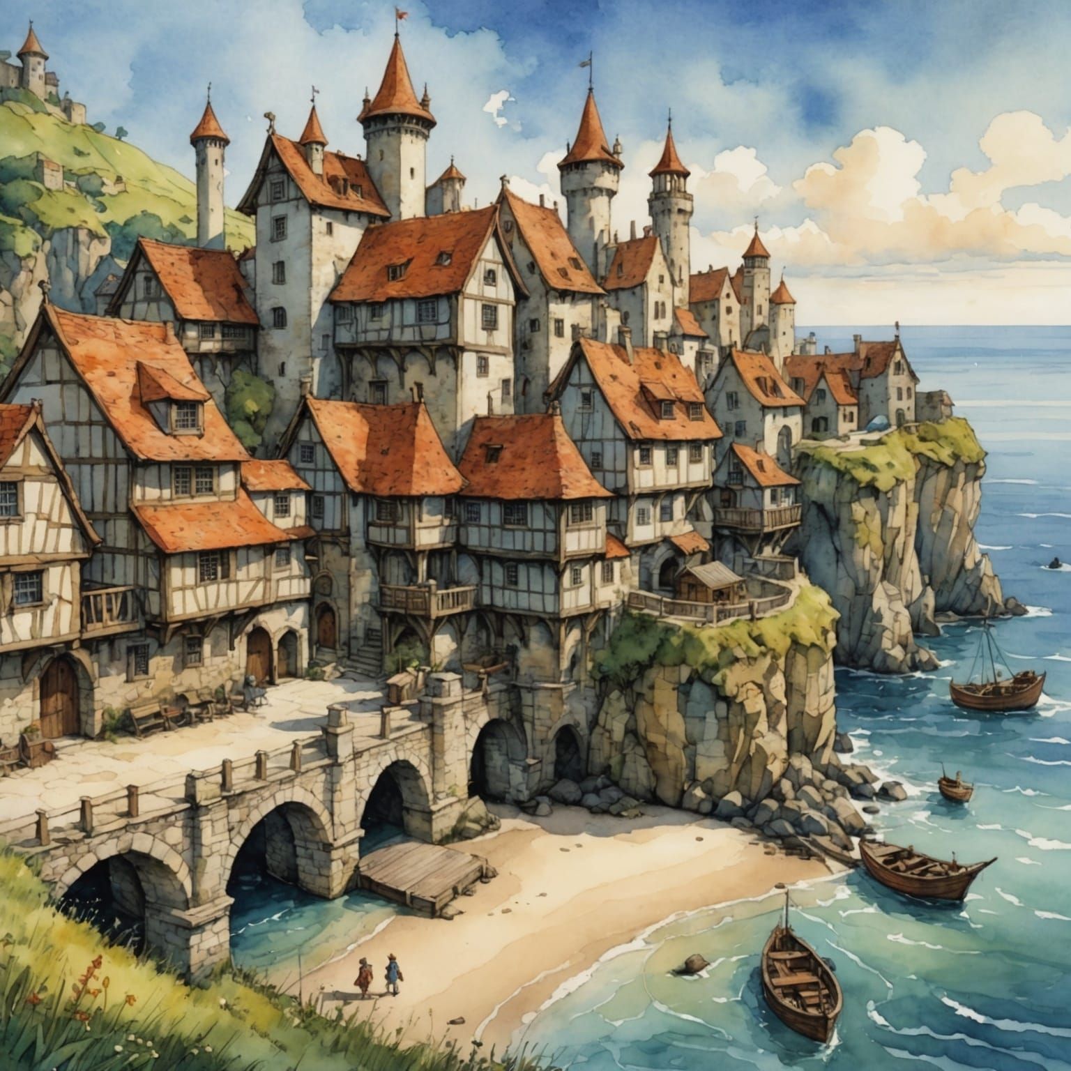 Medieval Seashore Landscape in Watercolor Anime Style
