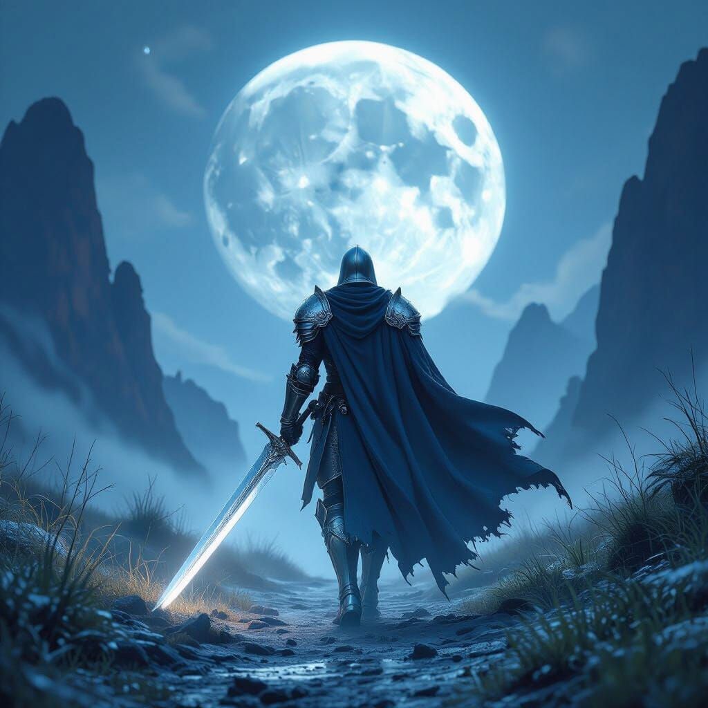 Knight in Misty Valley Under Giant Moon