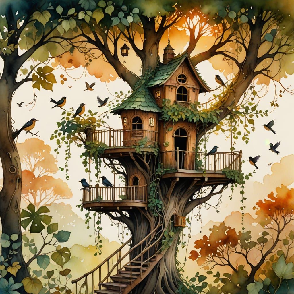 Whimsical Birds Living in Treehouse, Watercolor Style