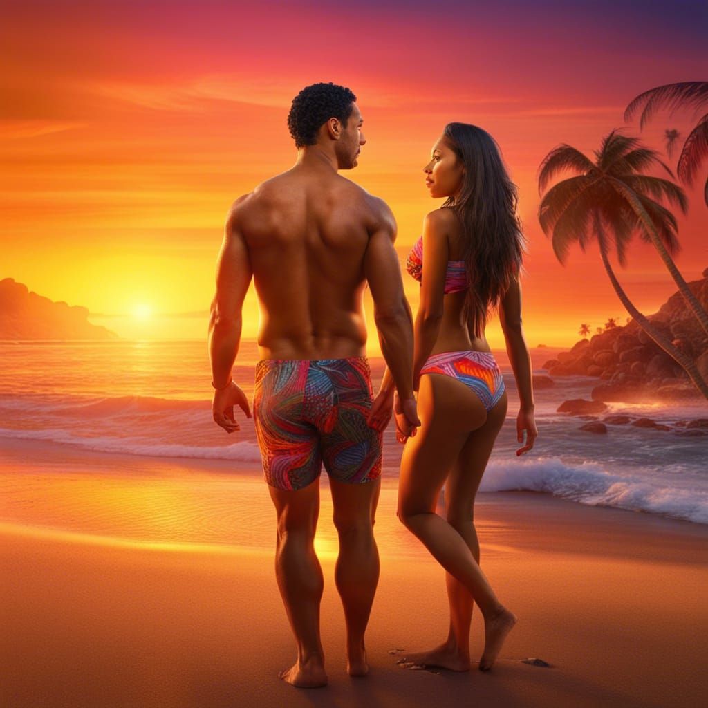 Photorealistic Couple Enjoying Sunset on Beach