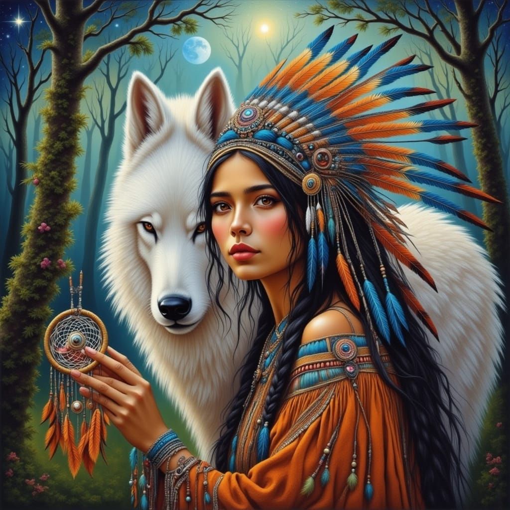Indigenous Woman with Wolf in Ethereal Forest