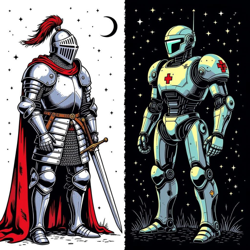 Knight and Robot in High-Quality Ink Art