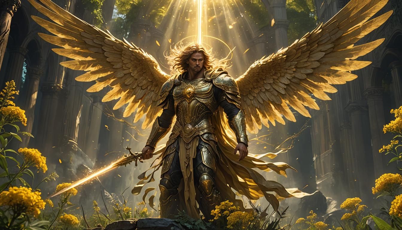 Golden Angel Descending in Epic Battle Scene