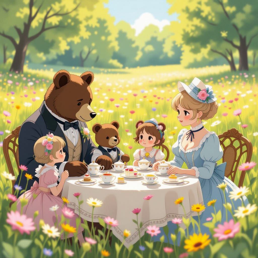 Victorian Bears' Picnic in Ghibli-Style Flower Meadow