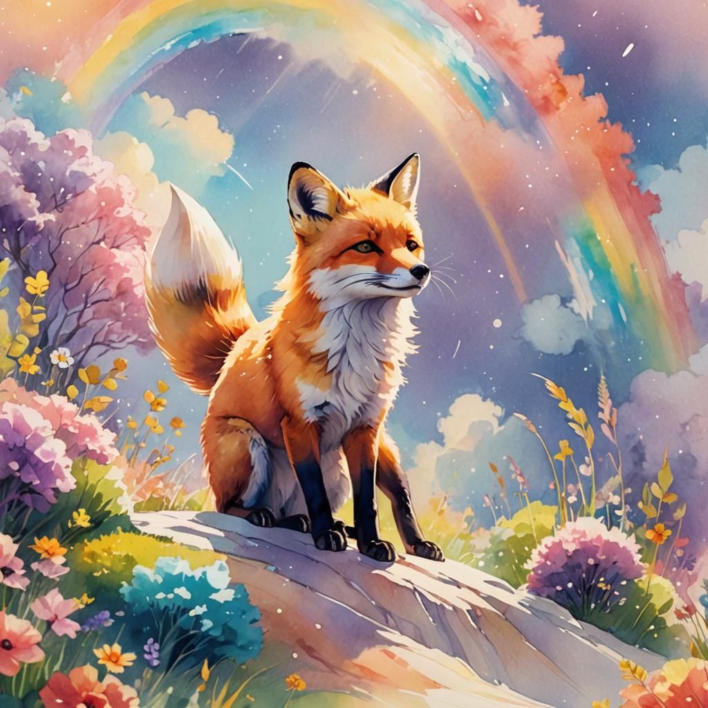 Surreal Anime Fox Enjoys Whimsical Rainbow Wonderland