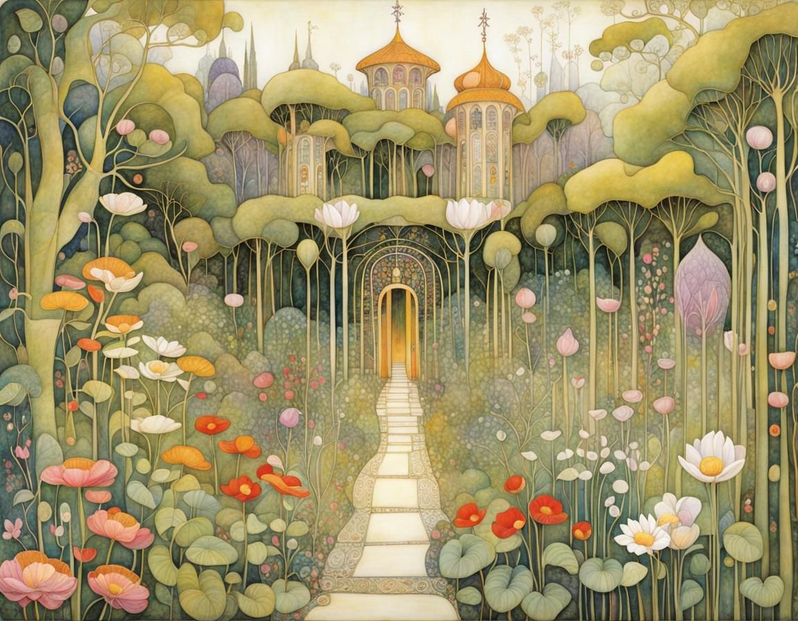 Enchanted Garden Scene in Decorative Style