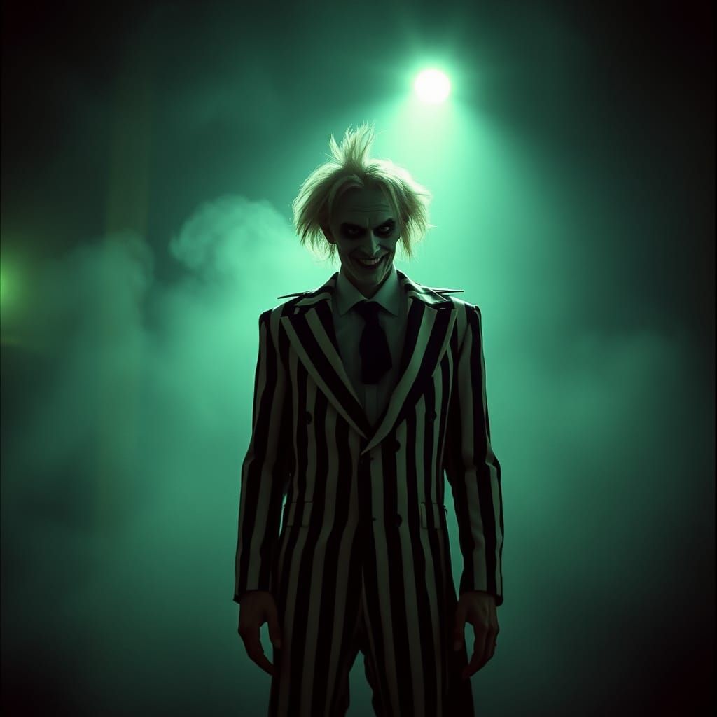 Beetlejuice in Eerie Gothic Scene with Cinematic Lighting