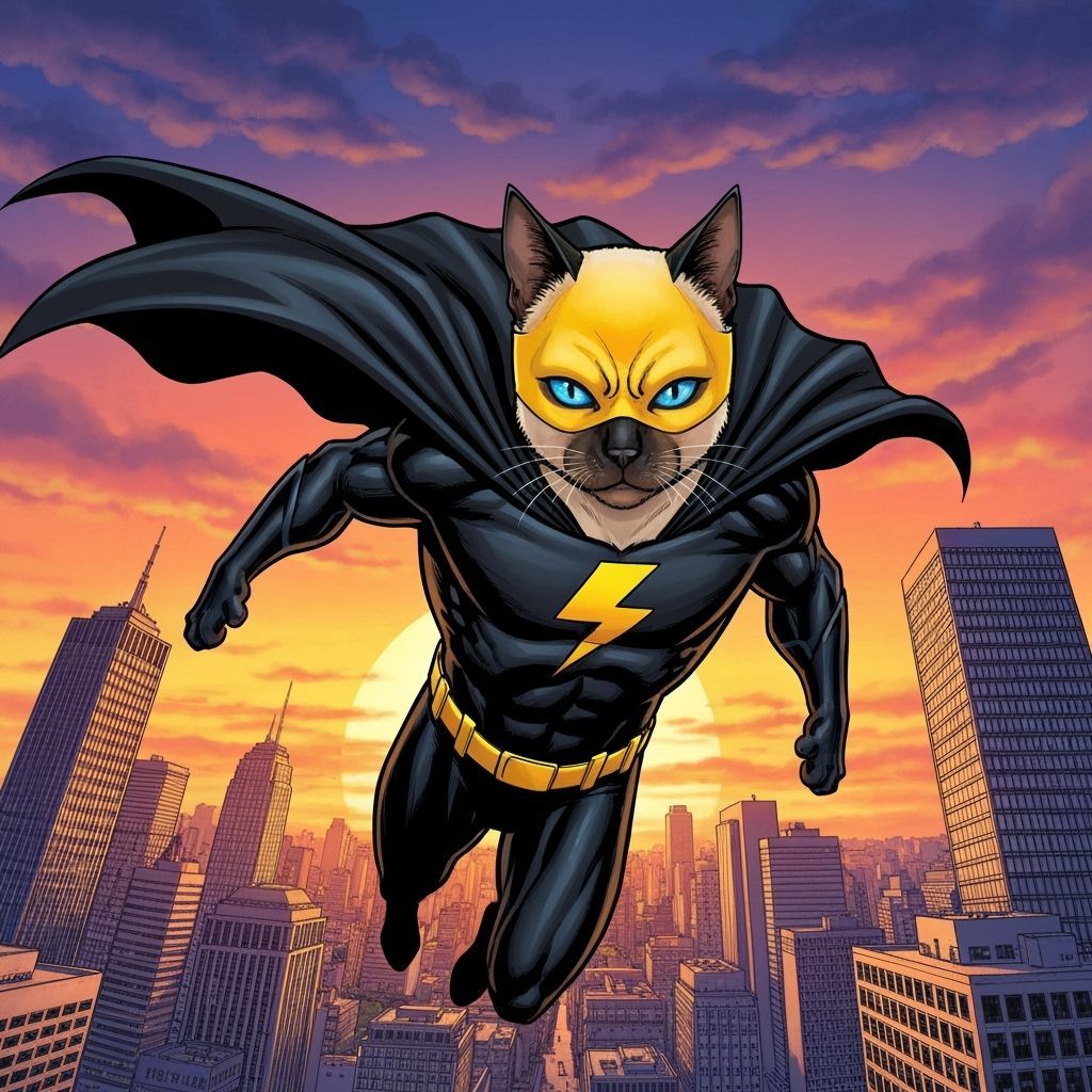 Siamese Cat Superhero Soaring Over City in Comic Style