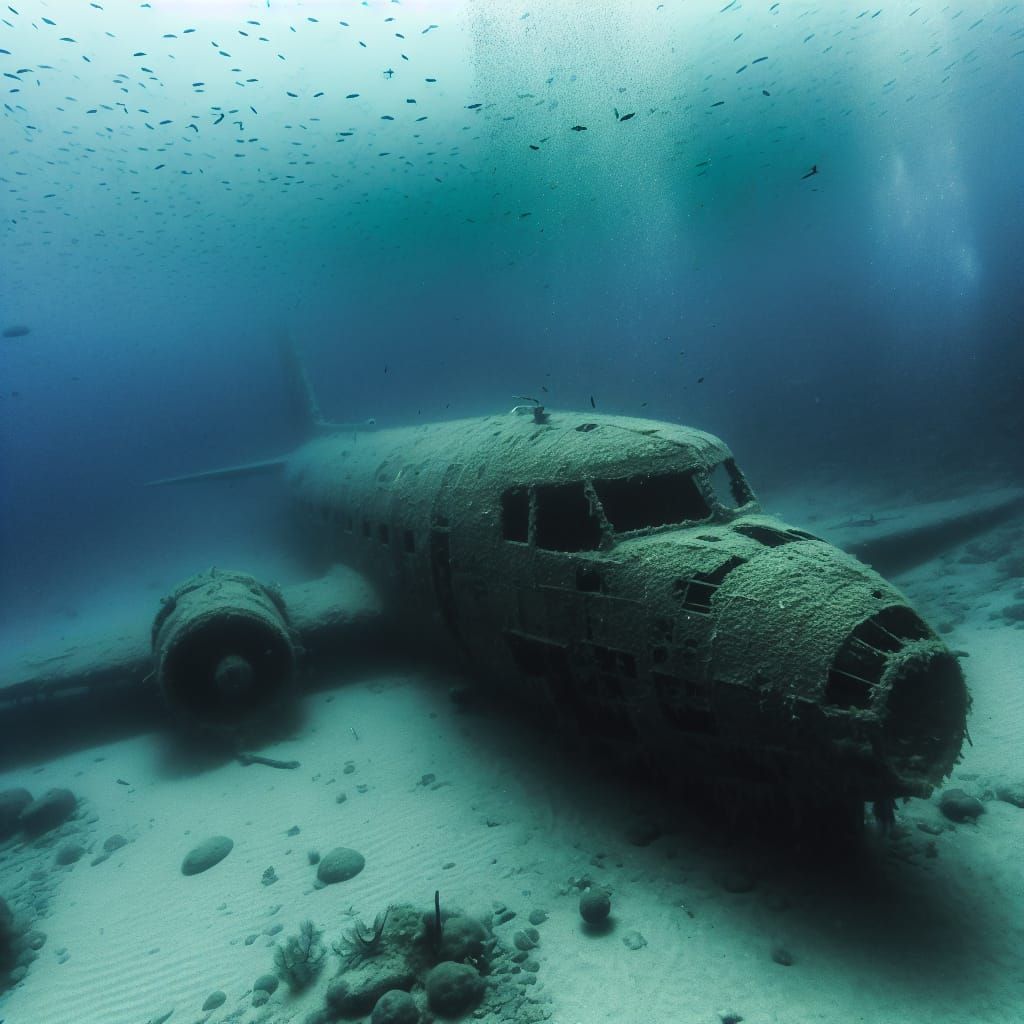 Underwater Airplane Wreck in Murky Depths