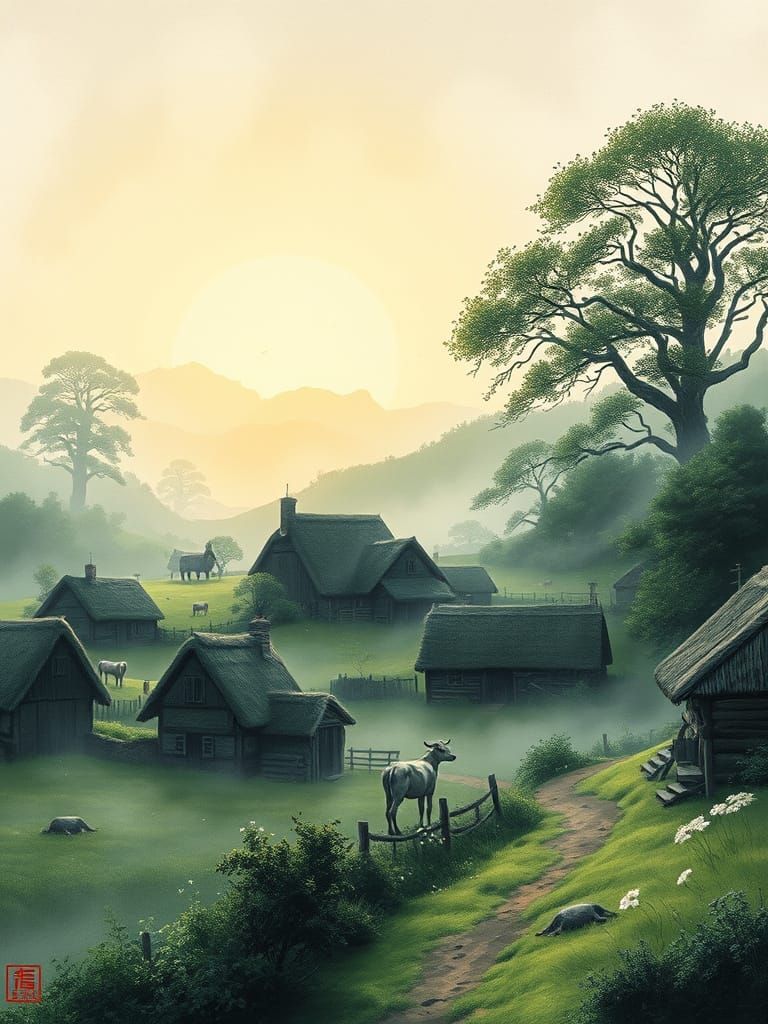 Whimsical Dairy Farm Village in Sumi-e Style