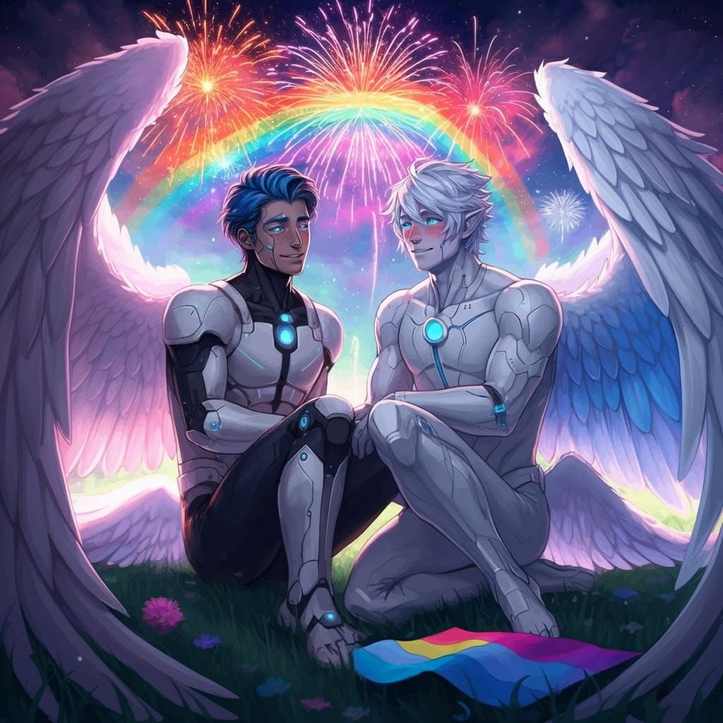 Cybernetic Angels Watch Rainbow Fireworks in Astral Reality
