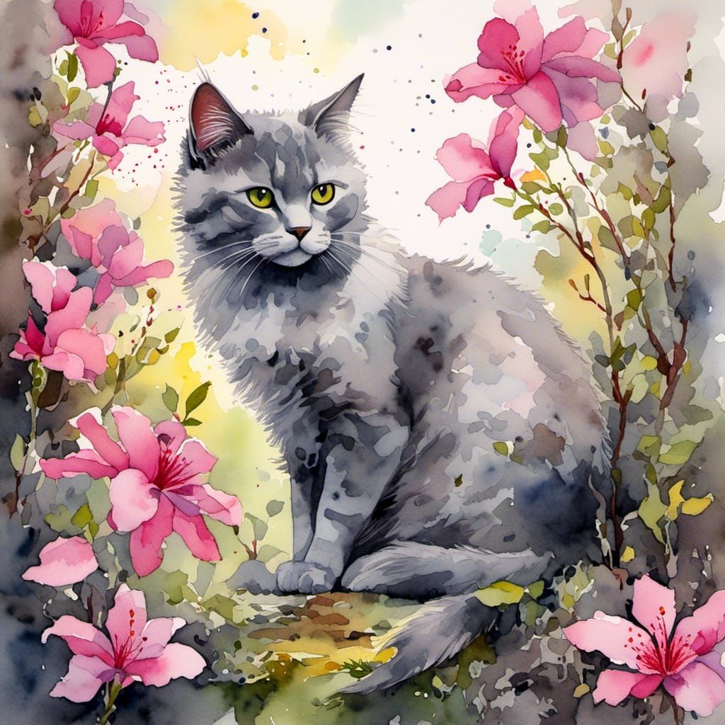 Watercolor Cat in Azalea Field Fantasy