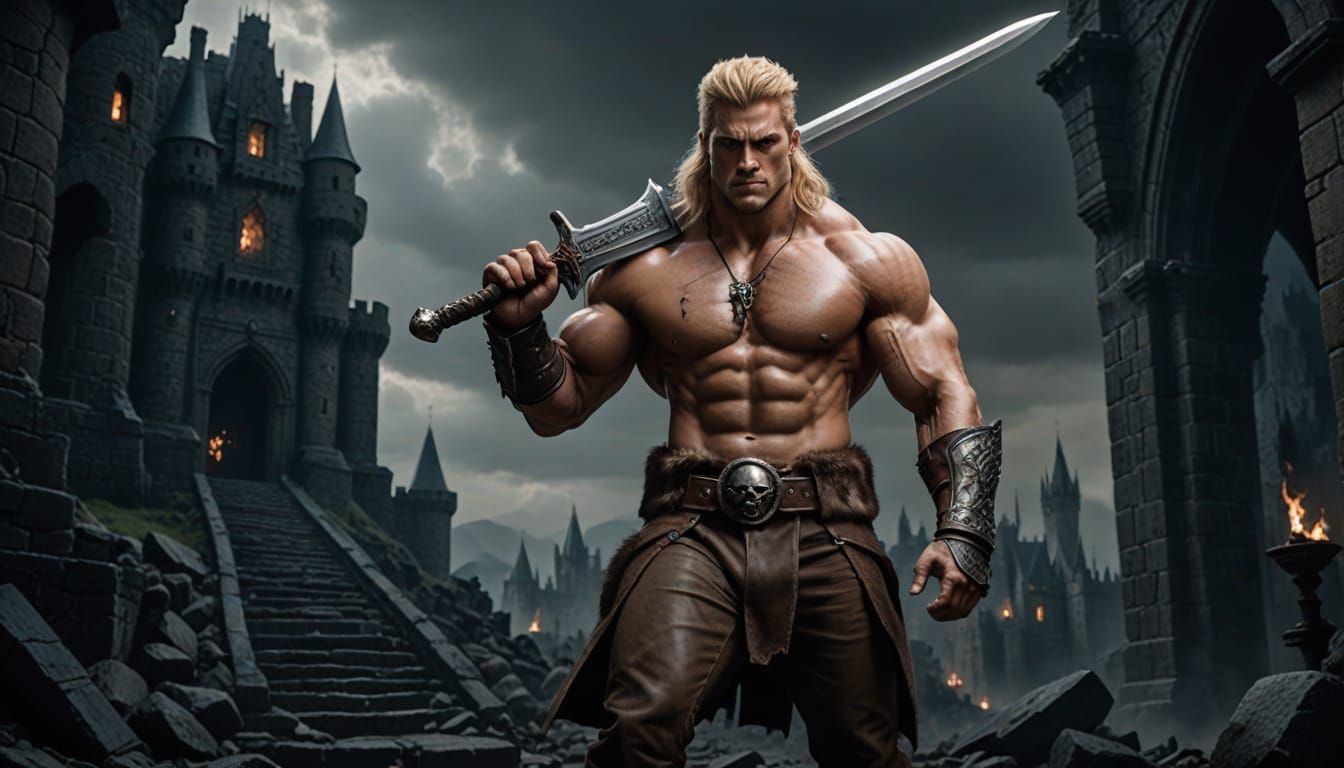 Muscular Warrior in Primal Attire Confronts Towering Castle