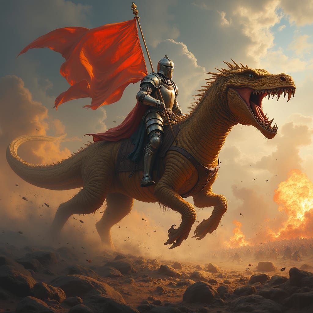 Gallant Knight Rides Komodo Dragon into Fiery Battle