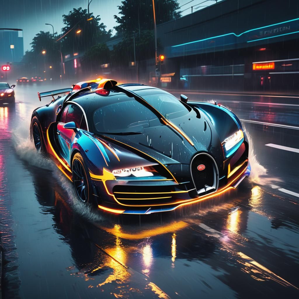 Jet-Powered Bugatti Races on Neon Highway