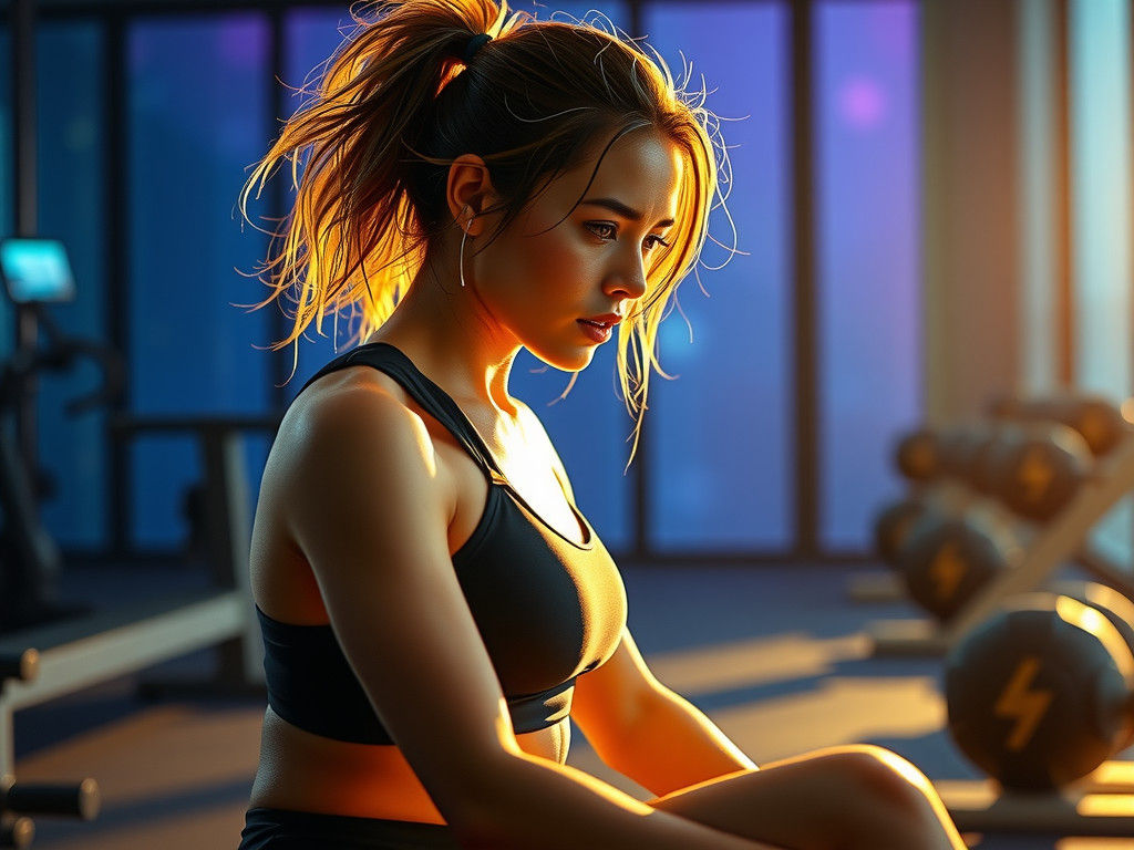 Hyperrealistic Sweaty Woman Resting in Gym