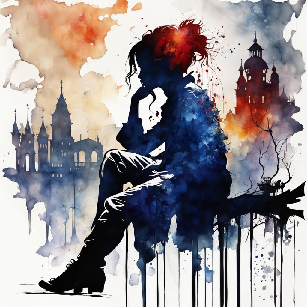 Steampunk Lady Contemplates Midnight Blue Cityscape