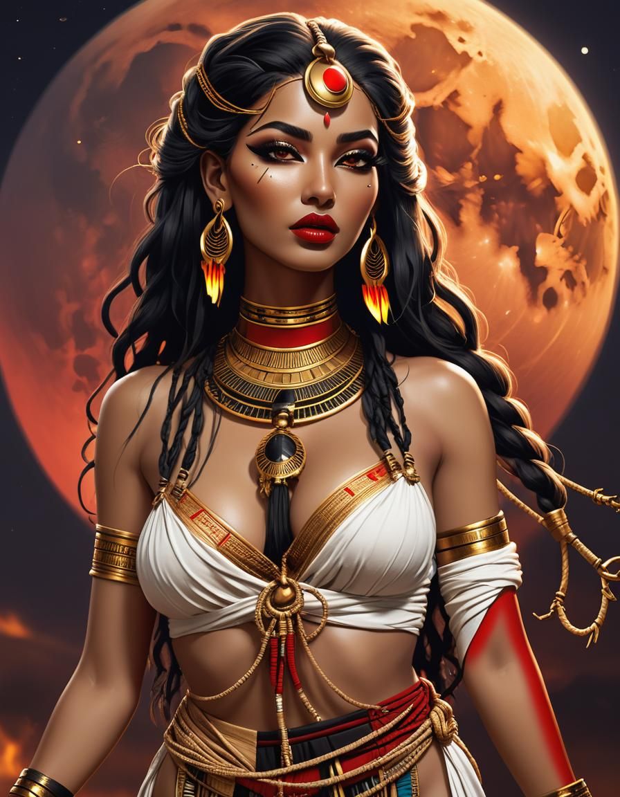 Egyptian Goddess with Knotted Hair and Red Moon