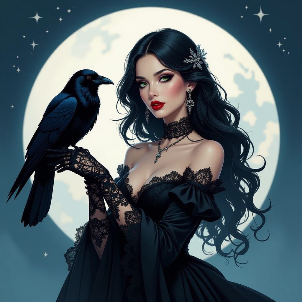 Goth Woman with Raven in McPherson Style