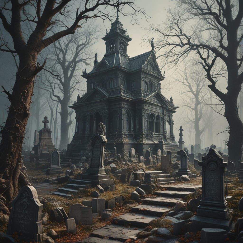 Moody Misty Graveyard Mansion Illustration