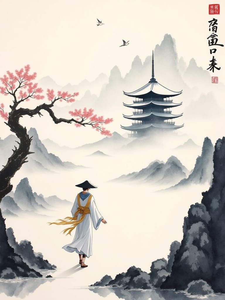 Traditional East Asian Watercolor Landscape with Pagoda and ...