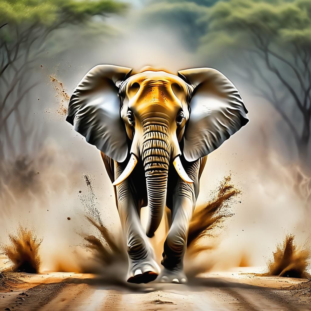 A elephant is captured running, its head turned towards the ...