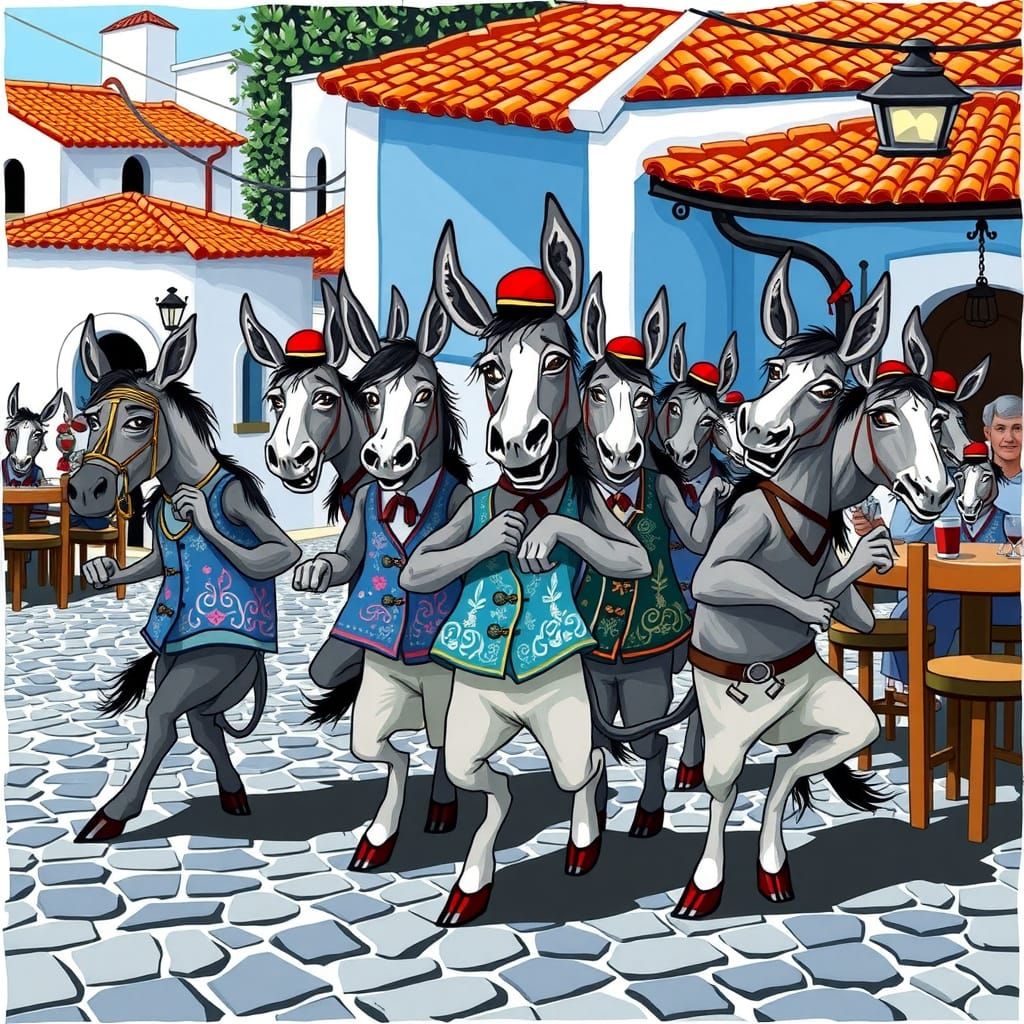 Donkeys Dance Zorbas in Whimsical Greek Taverna Scene