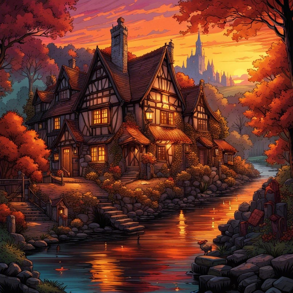 Gothic Fantasy Village at Sunset in Comic Book Art